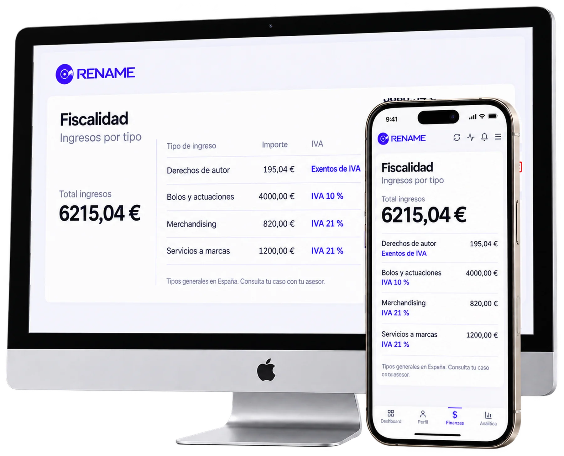 Rename en un iMac y un iPhone: ingresos separados por tipo con su IVA: derechos de autor exentos, bolos al 10 %, merchandising y servicios a marcas al 21 %.